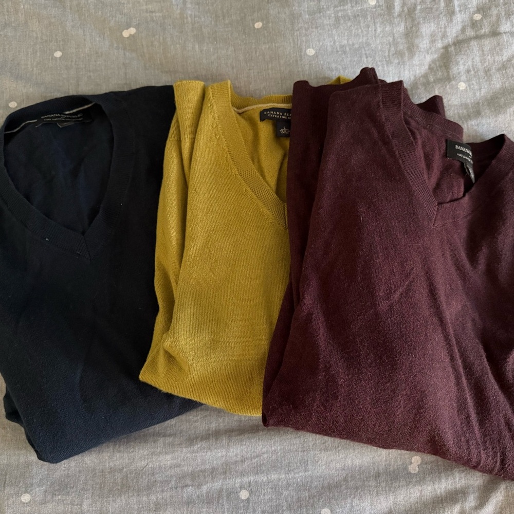 3 Banana Republic Luxe Sweaters in navy, gold and Burgundy small